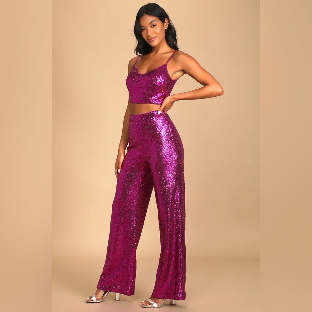 Lulu’s Magenta Sequin Lace-Up Two-Piece Jumpsuit NWT